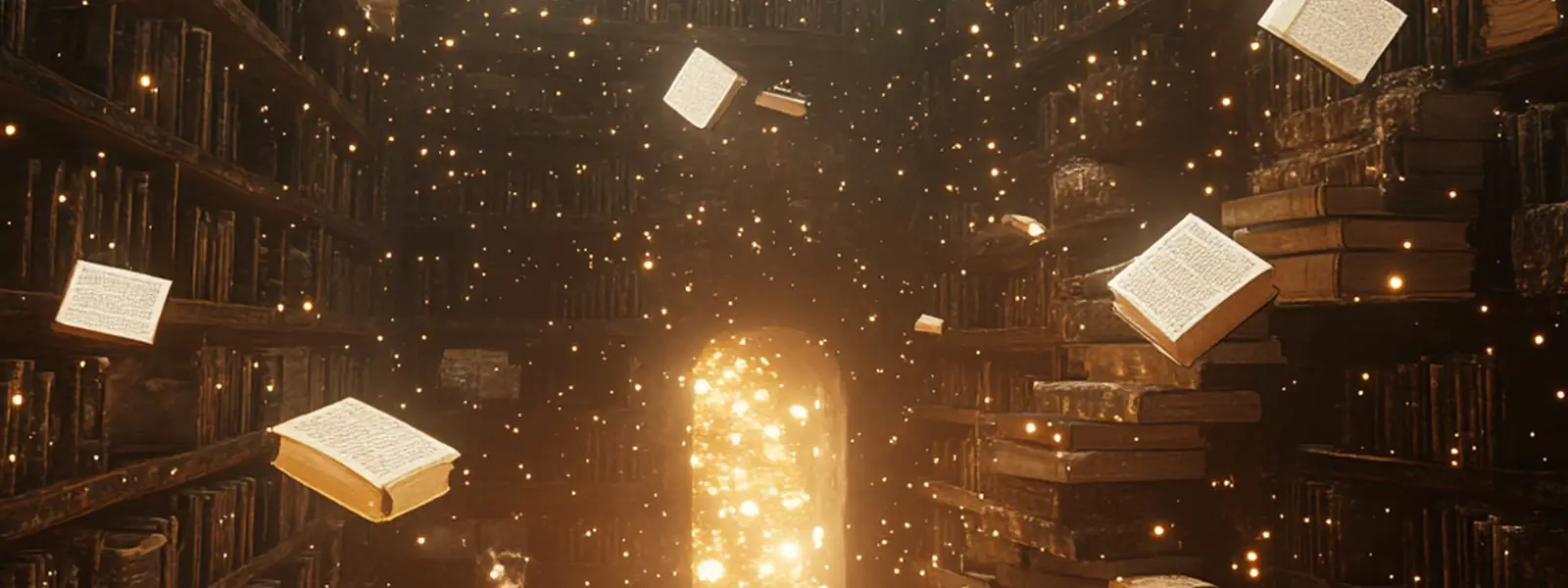 Une bibliothèque sombre traversée par des pages qui volent dans une lumière dorée