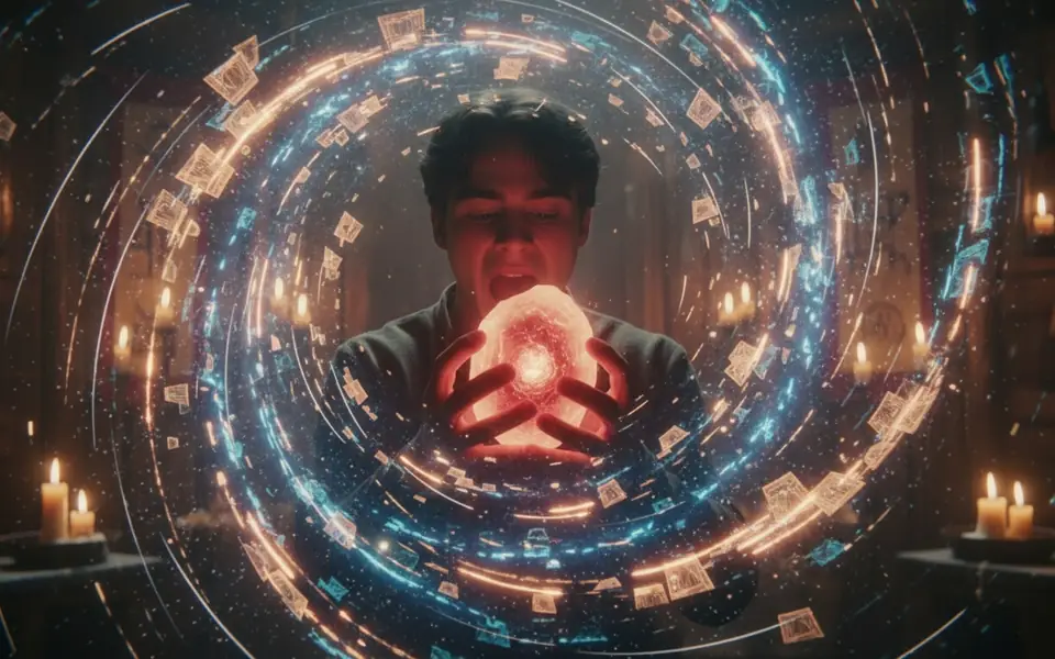 Une figure entourée d'un tourbillon de cartes lumineuses